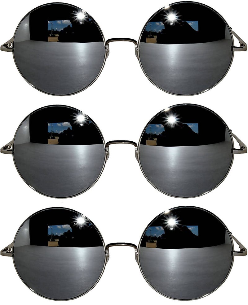 OWL 3 Pairs Round Retro Vintage Silver Mirror Lens Sunglasses Silver Metal Frame OWL - Image 2